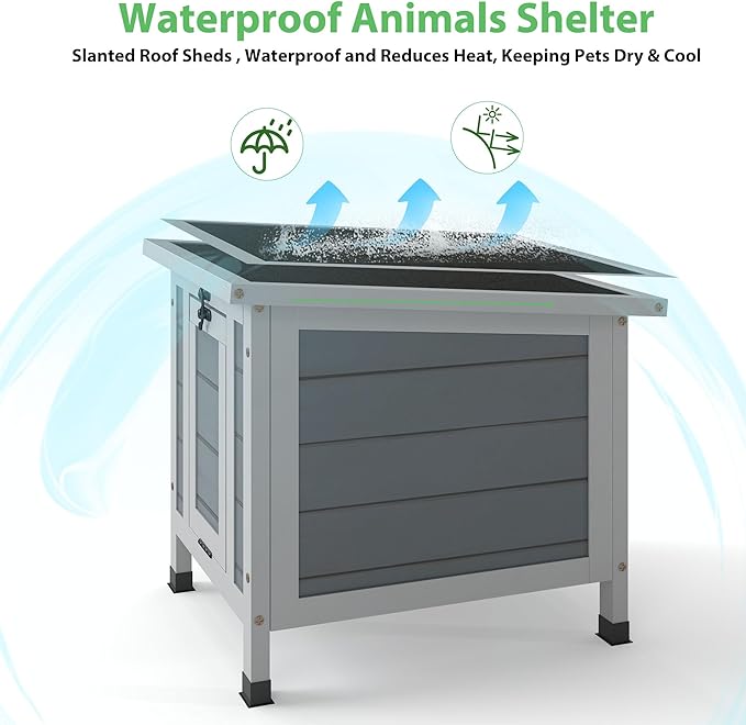 Coziwow Rabbit Hutch, Outdoor Cat House Weatherproof, Bunny Cage Indoor with Openable, Portable Small Animals Shelters with Nonslip Ramp for Hideout Rabbits/Feral Cats/Chicken/Duck/Small Animals-Gray-PawvioPets