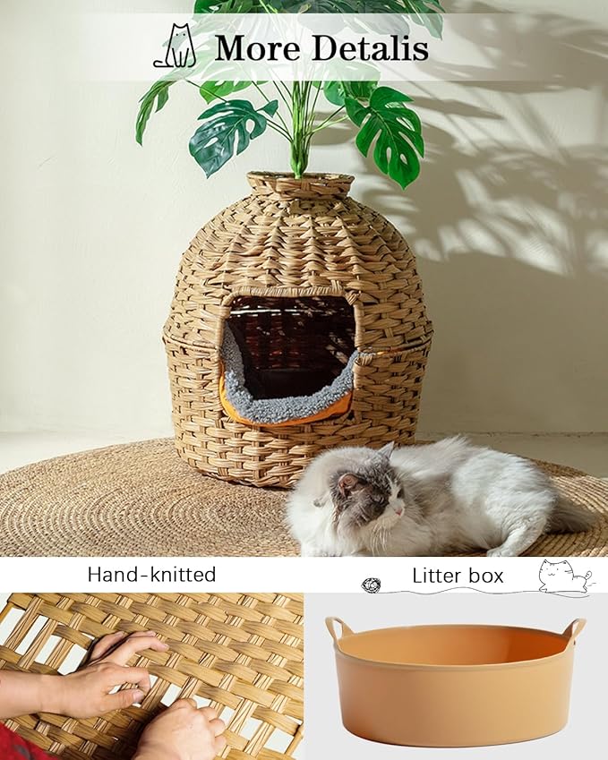 Cat Litter Box Plant Furniture Enclosure, Hidden Handwoven Rattan with Cat Litter Box and Artificial Plants, Odor Control Filter, Real Stones in Living Room, Bedroom, Corner Natural-PawvioPets