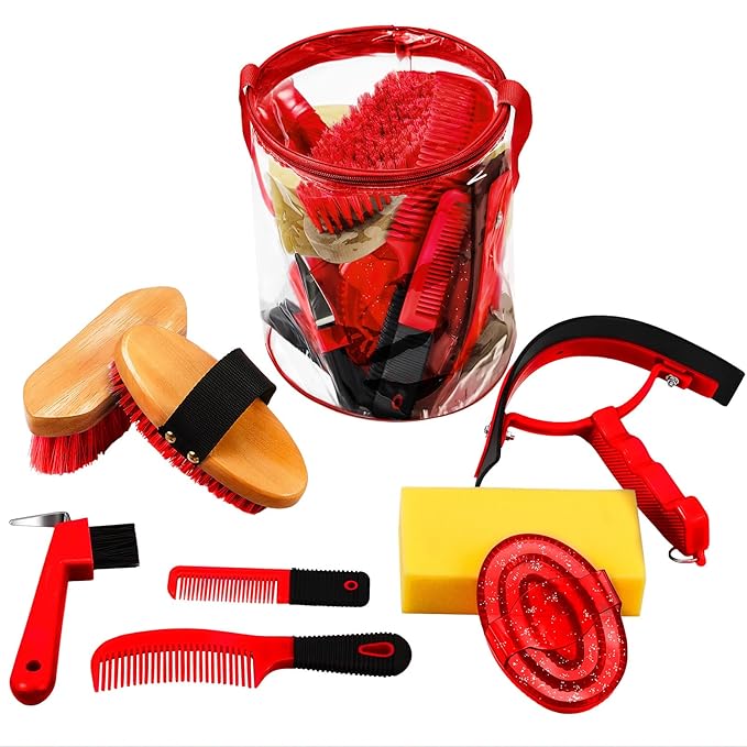 9 Pieces Horse Grooming Kit Tack Room Supplies Set with Organizer Tote Bag, Oval Massage Curry, Hard and Soft Brush, Hoof Pick, Sweat Scraper, Bathing Sponge, Combs for Horse Riders Beginners (Red)-PawvioPets
