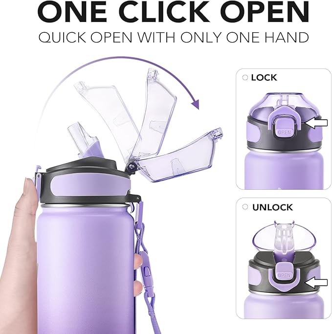 Enerbone 24 oz Insulated Water Bottle, Stainless Steel Bottle with Carrying Strap, Double-Wall Vacuum Insulation Design, Leakproof Sports Bottle with Straw, Keep Drinks Cold or Hot for Hours-PawvioPets