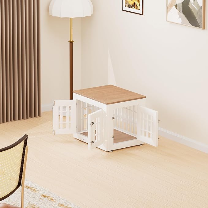 26" Heavy Duty Dog Crate Furniture for Small,Medium and Large Dogs,Rustic Wooden Dog Cage Kennel Indoor Furniture with Waterproof Top,Decorative Pet House Side End Table (White & Wood)-PawvioPets