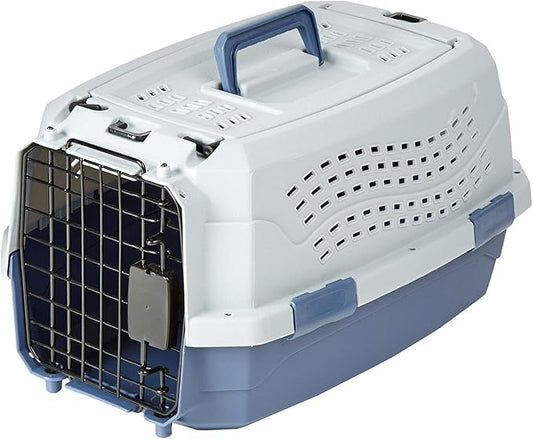 Amazon Basics 2-Door Top-Load Hard-Sided Cat Pet Travel Carrier, 19.0" L x 12.6" W x 10.0" H, Gray & Blue-PawvioPets