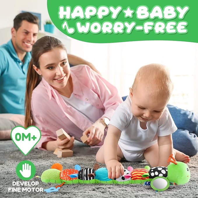Baby Toys 0-6-12 Months,Musical Caterpillar Stuffed Animals Activity Infant Toys with Crinkle,Rattles,Mirror&Pull String,Muti-Sensory Toys Gifts for Newborn Tummy Time,Kelly Green|Leafy-PawvioPets