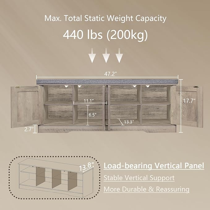 DINZI LVJ Shoe Bench, Entryway Storage Bench with Doors, Cushion, 2-Tier Shoe Rack with 8-Cubby, 47.2”L x 13.8”W Shoe Organizer Cabinet, Adjustable Shelf, Living Room, Bedroom, Gray Wash-PawvioPets