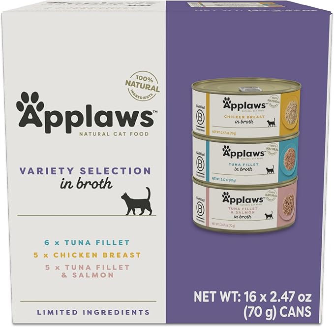 Applaws Natural Wet Canned Cat Food, Made with Limited and Natural Ingredients, Real Protein with No Artificial Additives, Variety Pack in Broth (16 x 2.47oz Cans)-PawvioPets