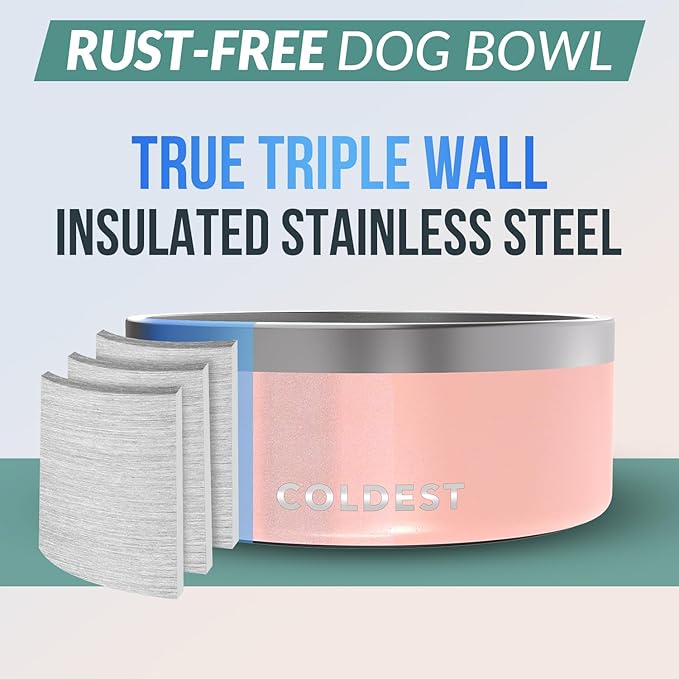 Coldest Dog Bowl - Anti Rust Metal, Non Slip, 3 Layers Insulated Stainless Steel Dog Bowls - Spill Proof & Heavy Duty - Water Bowl for Dogs, Cats, Dish Washer Safe (100 oz, Forever Pink Glitter)-PawvioPets