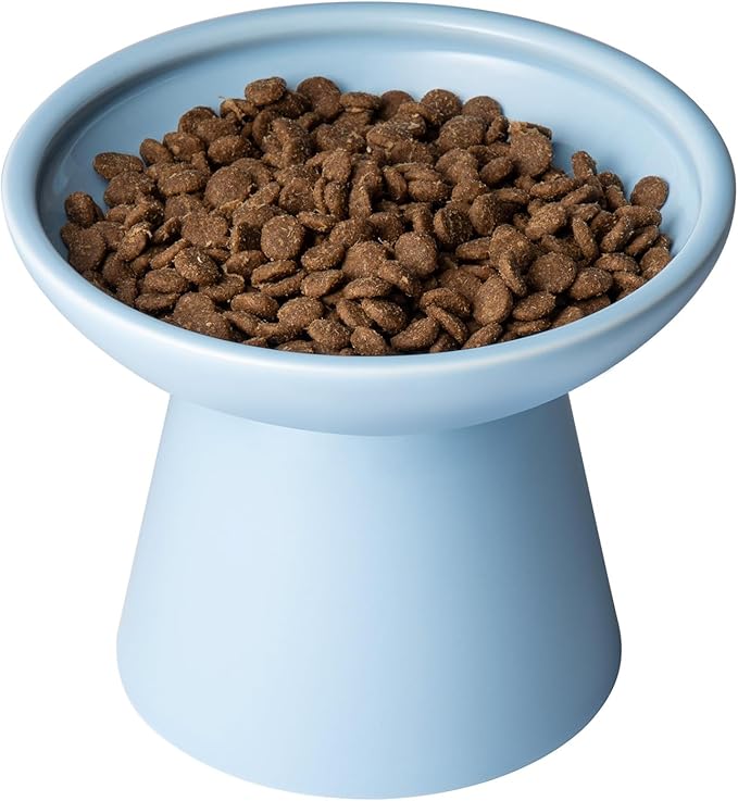Extra Wide Elevated Ceramic Cat Food Bowl - 6.2" Shallow Dish for Whisker Fatigue Relief, 5" Height for Easy Feeding, Lead & Cadmium Free, Durable Raised Cat Food Bowls, Blue-PawvioPets