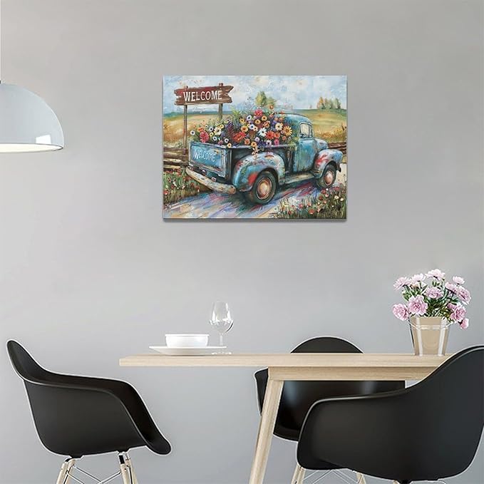 Farmhouse Truck Wall Art Rustic Country Wildflowers Wall Decor Road Flowers Landscape Pictures Canvas Print Painting Artwork for Bathroom Living Room Bedroom 12"x16"-PawvioPets