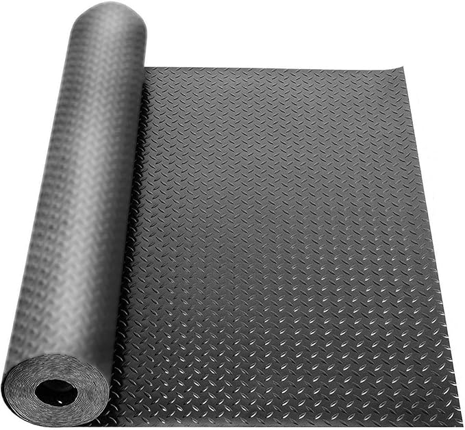 16.4 x 3.3Ft Garage Rubber Flooring Roll, 3 mm Thickness Floor Mat, Diamond Plate PVC Rubber Trailer Mats Non-Slip Flooring for Garage Gym Horse Stall Home Patio (Black)-PawvioPets
