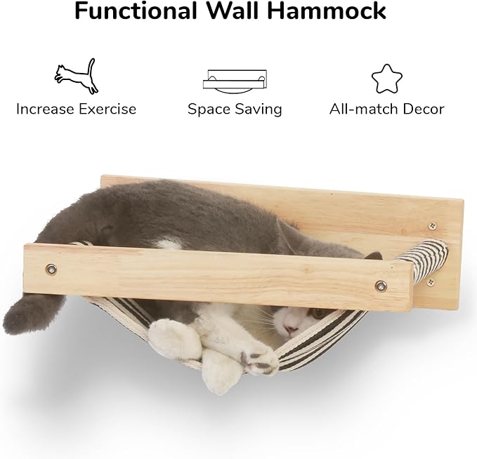 FUKUMARU Hammock Wall Mounted Cat Beds and Perches, Wooden Kitten Walls Furniture, Stable Cats Shelves for Sleeping, Playing, Climbing, and Lounging, Black Stripe-PawvioPets