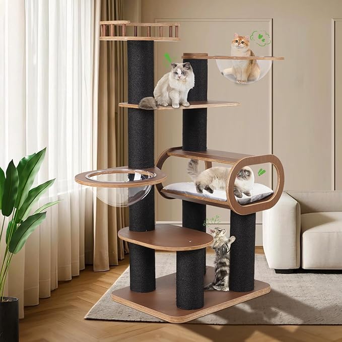 63'' Modern Cat Tree, Black Cat Tower with Scratching Post, Wooden Cat Tree for Indoor Cats Large Adult, Luxury Cat Furniture, Heavy Duty Activity Center with Transparent Bowl and Semi-Closed Condo-PawvioPets