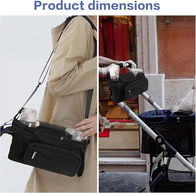 Dog Stroller Bag with Shoulder Strap, Universal Dog Stroller Caddy Organizer with Poop Bag Dispenser, Water Bowl, Insulated Cup Holders and Treat Pocket-PawvioPets