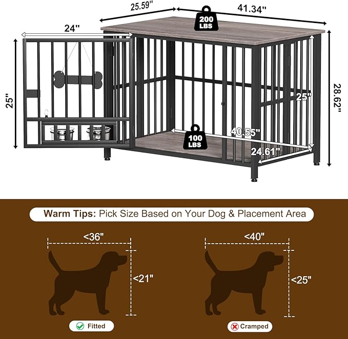Easycom 41" Dog Crate Furniture Foldable, No Assembly Decorative Dog Kennel Indoor, Dog Crates for Large Dogs (40-65 lbs), Wooden Dog Cage with Adjustable Bowls and Name Tag, End Table, Oak Grey-PawvioPets