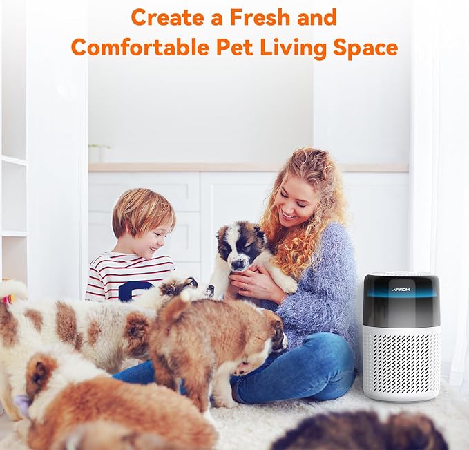 AIRROMI Air Purifier for Bedroom Home,HEPA Filter,Covers Upto 549 Ft²,Quiet 360°intake Air Cleaner with Fragrance ponge for Better Sleep,Night Light,Filters Smoke,Pet Dander,Allergies,Dust,A2005 White-PawvioPets