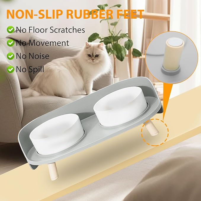 Elevated Dog Bowls Set, Ceramic Pet Food & Water Bowls with Non-Slip Stand, No Spill Design for Cats/Small Medium Dogs Gray-PawvioPets