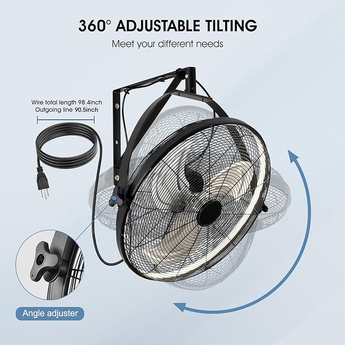 16 inch Wall Mount Fan with Lights and Remote,6-Speed Gazebo Ceiling Fan Adjustable Tilt Dimmable Wall Fan,High Velocity Industrial Outdoor Fans for Patio,Garage,Commercial,Black-PawvioPets