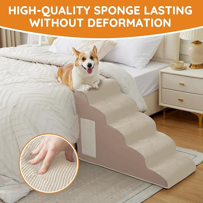 Dogs Steps for Bed, Dog Stairs for Small Dogs, 4-Step Dog Ramp for Bed, Couch, Sofa, and Chairs, Non-Slip Bottom Design, Cat Scratching, High Density Foam Portable Pet Step, Indoor, Beige-PawvioPets