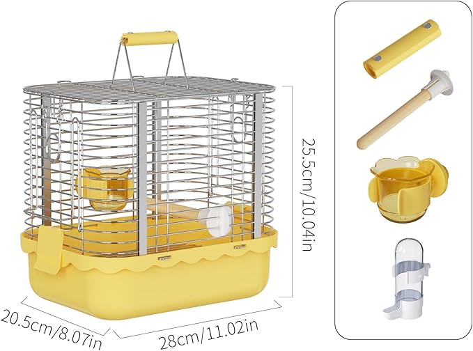 Bird Carrier Travel Cage, Durable Portable Stainless Steel Birdcage with Bird Perch & Feeding Bowl for Parrots Canaries Budgies Lovebirds Conures Cockatiels (Small Yellow)-PawvioPets