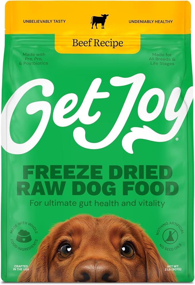 Get Joy Gut Health Fresh Freeze Dried Raw Meal, Beef Recipe, 16 Ounce Bag, Dog Food for Dogs of All Breeds and Life Stages, PhD Animal Nutritionist Formulated, USDA Beef, Made in USA-PawvioPets