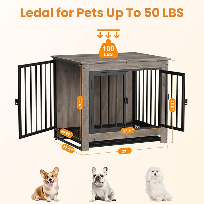 Dog Crate Furniture, Dog Crate End Table for Small and Medium Dogs,Wooden Cage Kennel Furniture Indoor, Modern Dog Crate with Multi-Purpose Removable Tray, Double-Doors Dog Furniture, Greige-PawvioPets
