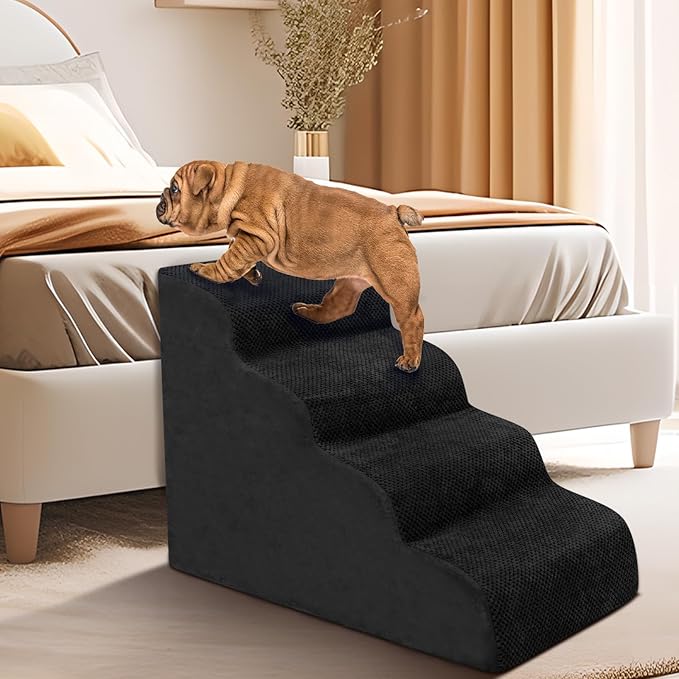 Dog Stairs for Small Dogs - High Density Foam Pet Steps, Extra Wide Dog Ramp with Non-Slip Bottom for High Beds, Couch and Sofa, Best for Dogs Injured, Older Doggy Cats, 4 Steps, Black-PawvioPets
