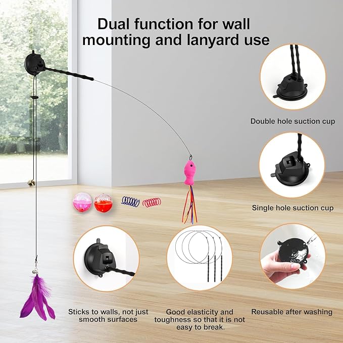 22Pcs 5-in-1 Cat Toys Interactive Cat Toy for Indoor Cats with Sticky Super Suction Cup Detachable Replacements Feathers Balls Mice Spring 3 Wand Hanging Door Kitten Toys-PawvioPets