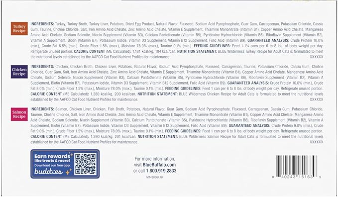 Blue Buffalo Wilderness High Protein, Natural Adult Pate Wet Cat Food Variety Pack, Chicken, Salmon, Turkey 5.5-oz can (24 count - 8 of Each Flavor)-PawvioPets