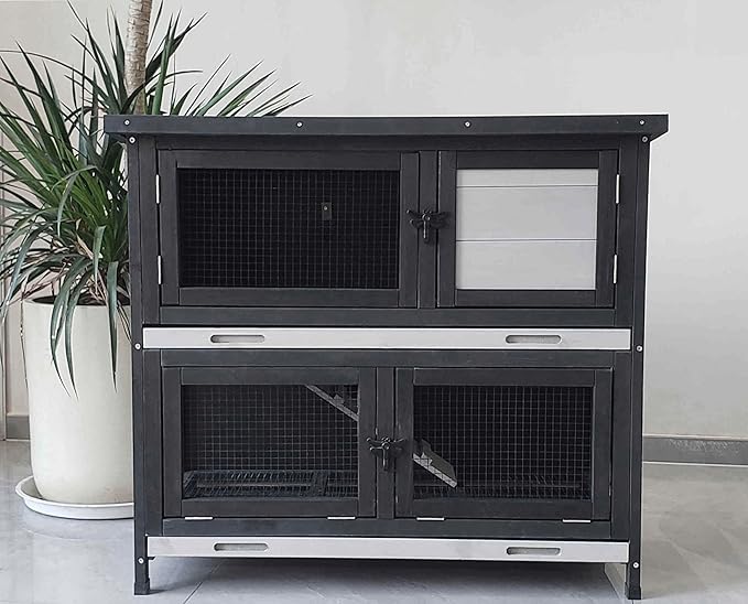 Double Level Solid Wood Rabbit Hutch Small Animal Cage for Rabbits, Guinea Pigs, Hedgehogs & Lizards Indoor/Outdoor– 2-Tier Eco-Friendly Habitat with Bedding Area, Durable & Easy to Clean-PawvioPets