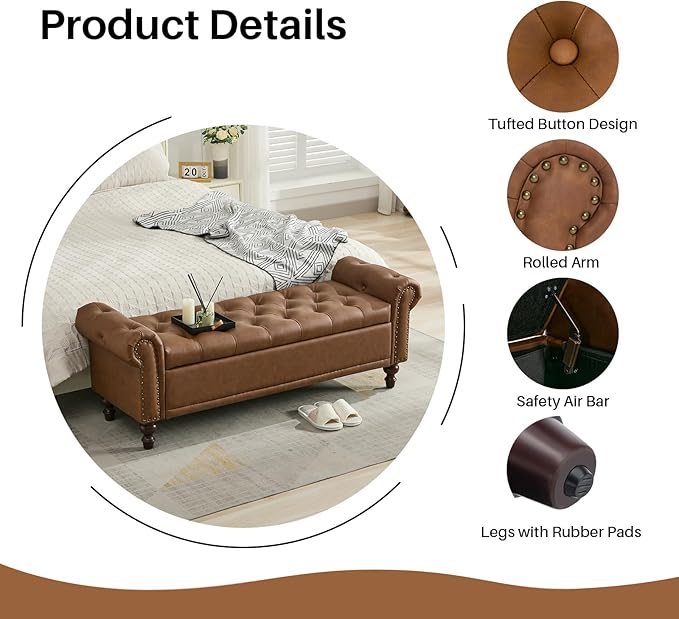 58.1'' Storage Bench Upholstered PU Leather End of Bedroom Bed Bench Ottoman with Tufted Cushioned Rolled Arm Large Storage Space for Reading Living Room Entryway, Brown-PawvioPets