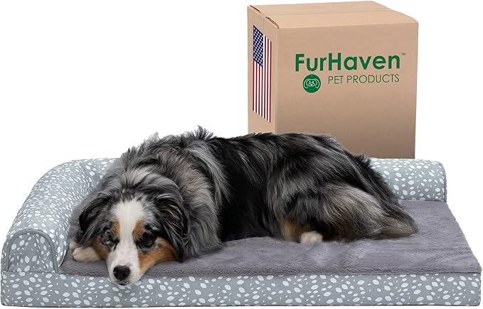 Furhaven Cooling Gel Dog Bed for Large/Medium Dogs w/ Removable Bolsters & Washable Cover, For Dogs Up to 55 lbs - Plush & Almond Print L Shaped Chaise - Gray Almonds, Large-PawvioPets
