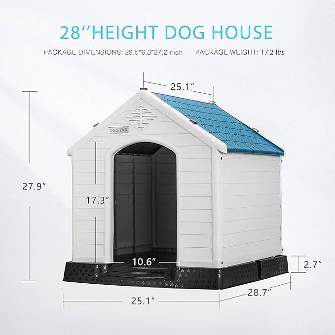 DEStar Durable Waterproof Plastic Pet Dog House Indoor Outdoor Puppy Shelter Kennel with Air Vents and Elevated Floor (Medium - 28" Height)-PawvioPets