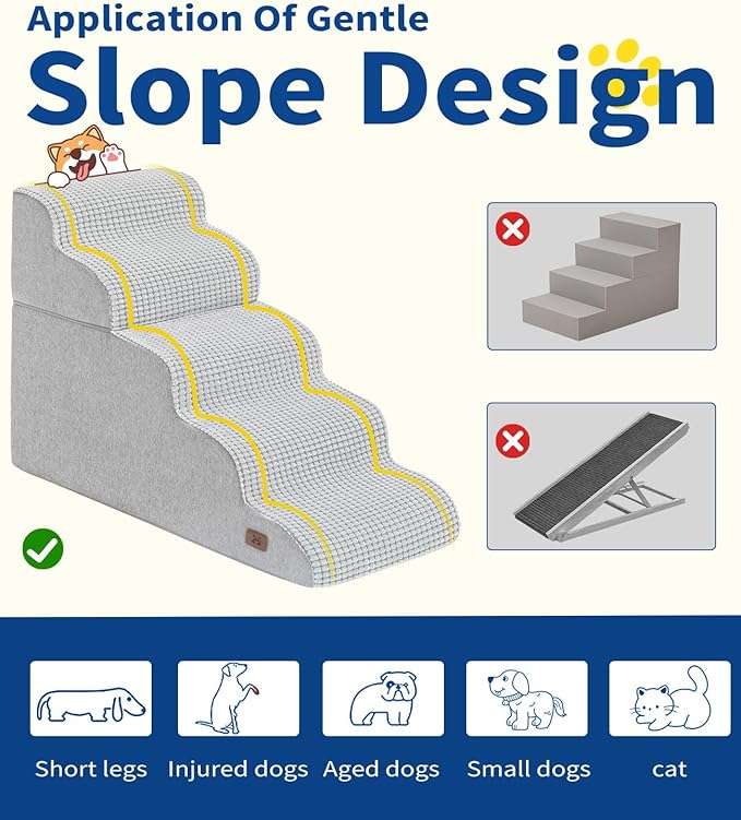 Dog Step for Bed, Dog Stair 5-Step 35D Pet Stair 22.8" H for High Bed or Sofa Non-Slip Balanced Pet Step Indoor, Light Grey-PawvioPets
