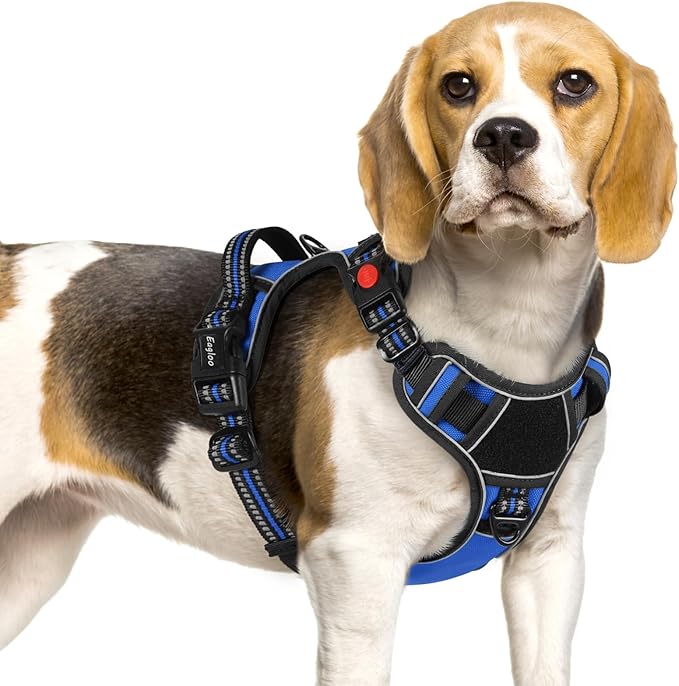 Eagloo Dog Harness Small Sized, Easy Wearing with 3 Buckles, Adjustable No Pull Pet Harness with 2 Rings for Walking, No Chock Reflective Soft Padded Vest with Control Handle, Blue & Black, S-PawvioPets