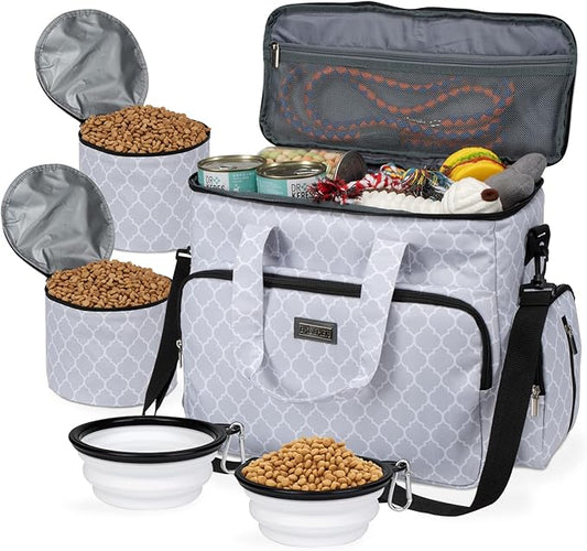 BAGLHER Dog Travel Bag, Pet Travel Bag (ALL Pet Travel Supplies), With 2 Pet Food Containers and 2 Collapsible Silicone Bowls; Essential Kits for Pet Travel DLwhite-PawvioPets