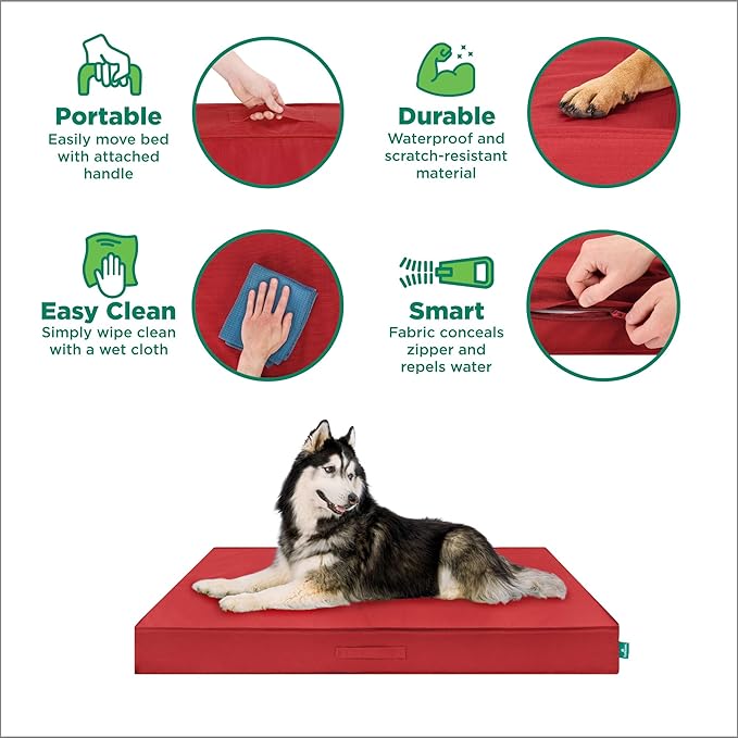 FurHaven Cooling Dog Bed – XXL Foam Mattress for Joint Pain Relief, Waterproof Liner, Removable Washable Cover, Durable for Outdoor Use, Deluxe Grid Indoor/Outdoor Bed – Red, Jumbo Plus-PawvioPets