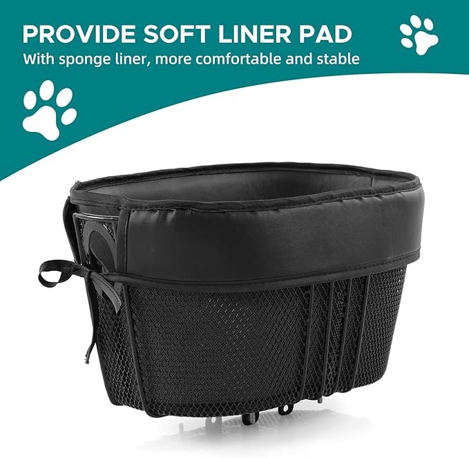 Dog Bike Basket Mountain Bike Shopping Basket Portable Cat and Dog Carrier for Bike Front Crossbar with Sponge Liner ty Strap (Black)-PawvioPets