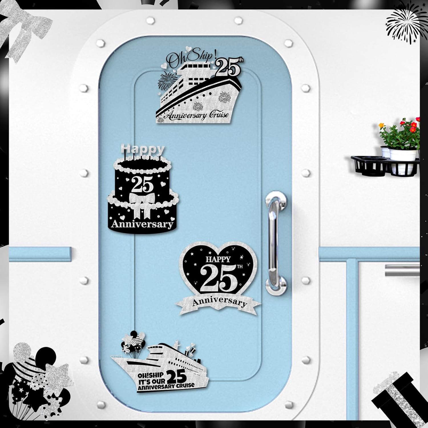 4 PCS Large 25th Anniversary Cruise Door Magnets Decorations Happy 25th Anniversary Cruise Ship Door Decor Magnetic Wedding Magnets Garage Refrigerator Car Magnets for Cabin Stateroom (Black Silver)