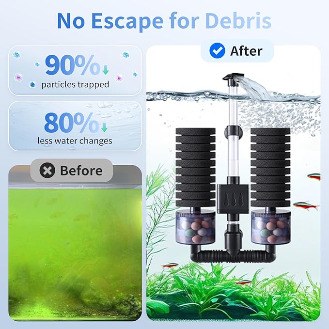 AQQA Electric Sponge Filter for Aquariums - Dual Bio & Mechanical Filtration, 8W 80 GPH Water Pump with Oxygenation & Water Circulation, Fits 15-55 Gallon Fish Tanks (110V/60Hz)-PawvioPets