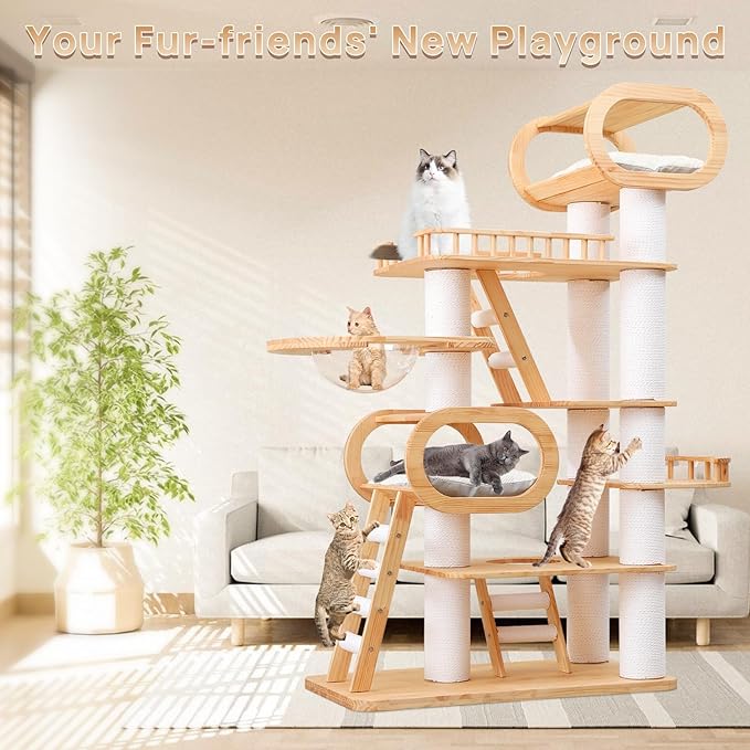 77‘’ Modern Cat Tree, Tall Wood Cat Tower for Indoor Cats Large Adult, Heavy Duty Cat Tree with Scratching Post, Luxury Kitty Condo, Sturdy Cat Furniture with 1 Transparent Bed and 3 Climb Labber-PawvioPets