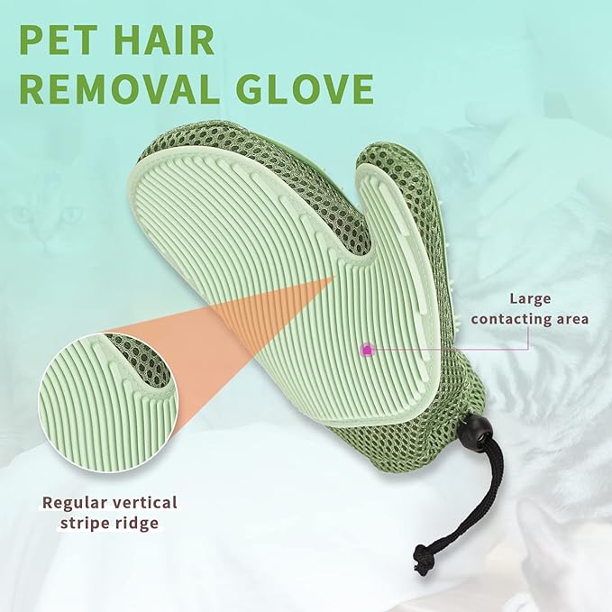 2 in 1 Pet Fur Glove & Cat Hair Remover Glove, Dog Grooming Glove Brush for Shedding, Massage, Efficient Pet Hair Remover Mitt for Couch, Carpet [Green/Single]-PawvioPets