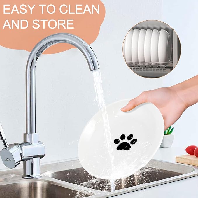 6 Pack Cat Food Bowl, Ceramic Cat Bowls, Anti Whisker Fatigue Cats Bowl Set,5.5 Inches Shallow Wide Kitten Plates for Food and Water (Cat's Paw Style)-PawvioPets