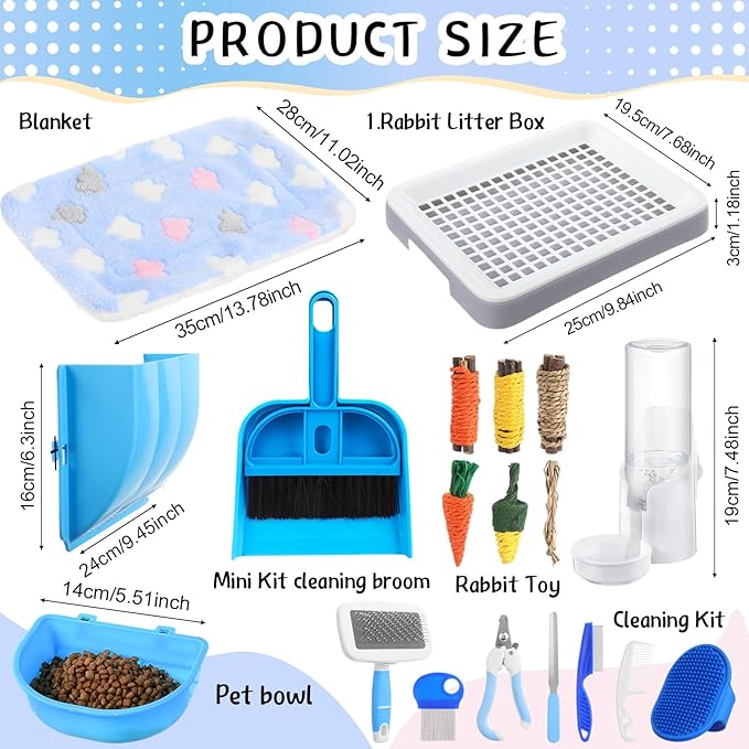 19 Pcs Rabbit Starter Kit Small Bunny Litter Box Animal Grooming Kit Water Bottle Bunny Toys Hay Feeder Bowl Blankets with Cleaning Set for Guinea Pig Rabbit Accessories-PawvioPets
