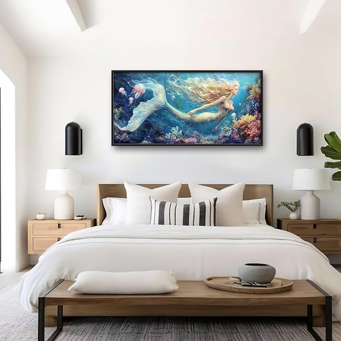 Extra Large Framed Mermaid Wall Art,Oversized Undersea Ocean Wall Decor,Colorful Coral Reefs Pictures for Living Room,Elegant Canvas Print Painting Modern Artwork Bedroom Bathroom 60L x 30W-PawvioPets