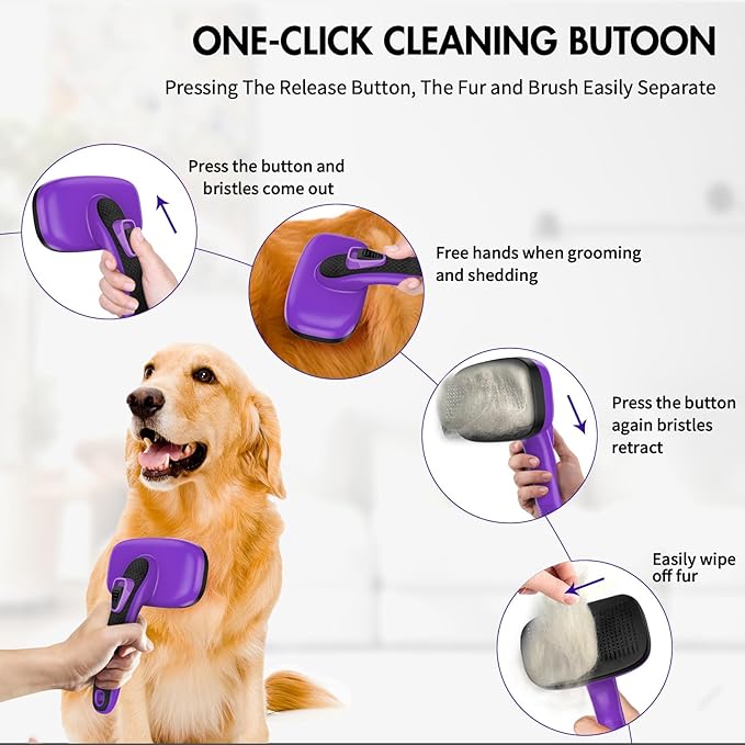 Dog Brush Kit - Self-Cleaning Slicker Brush with Bath Brush & Undercoat Rake | Deshedding Tools for Large - Small Dogs & Cats, Professional 3-in-1 Pet Grooming Set for Heavy Shedding, Purple-PawvioPets