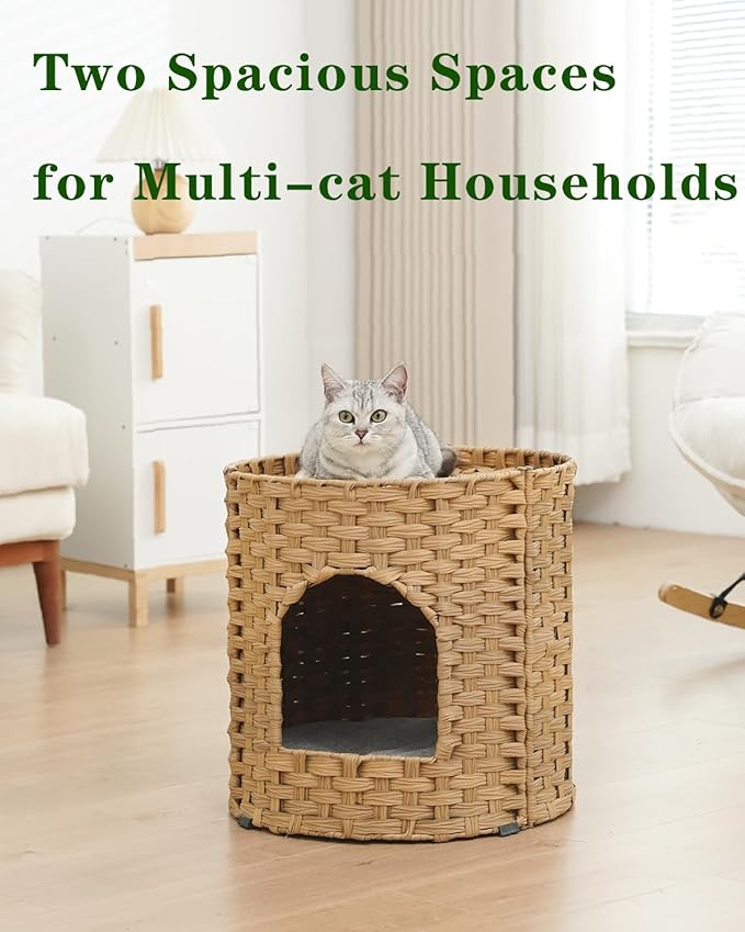 Cat House for Indoor Cat, Large Double Cat Houses Cat Bed Cave, Handwoven Rattan Pet Beds with One Soft Pad, 17 x 17 x 17 Inches Foldable Kitten Hideaway in Living Room Natural-PawvioPets