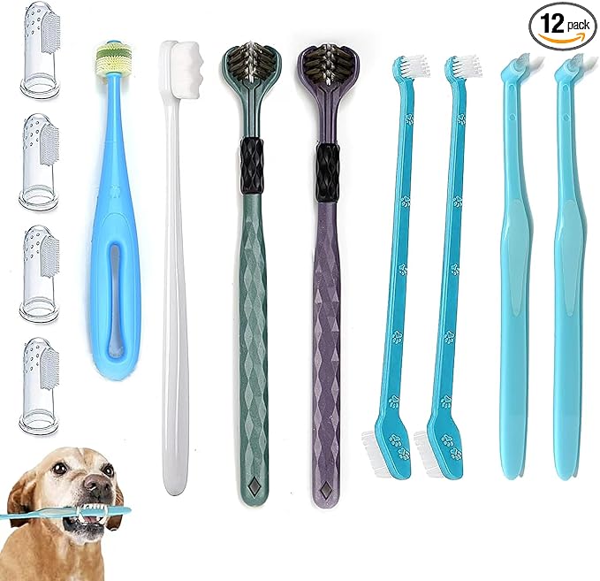 Dog Toothbrush, 360 Degree Finger Toothbrush, Triple Head Toothbrushes,Cleaning Brushes for Dog Cat Oral Dental Health (12 Kit)-PawvioPets