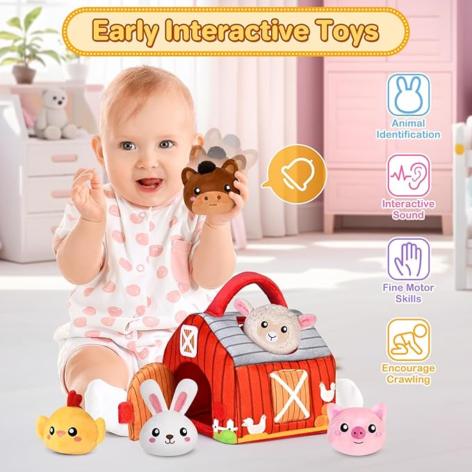 Baby Toys 0-12 Months, Plush Toy Set- 4 Sensory Soft Toys with Crinkle, Rattles for 0-3-6-9-12 Month Newborn Infant, 1st Birthday for Babies Boys Girls Age 1+ (Barn with Farm Animals)-PawvioPets