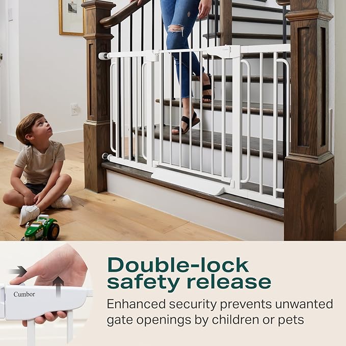 Cumbor 29.7-57" Extra Wide Baby Gate for Stairs, Mom's Choice Awards Winner-Dog Gate for Doorways, Pressure Mounted Walk Through Safety Child Gate for Kids Toddler, Tall Pet Puppy Fence Gate, White-PawvioPets