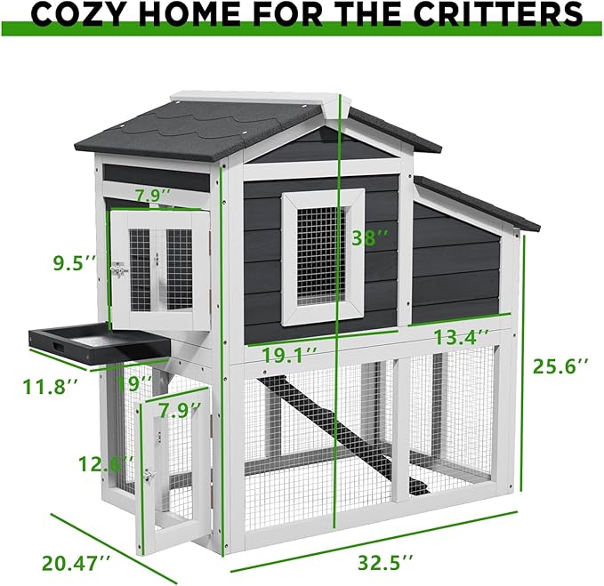 2 Story Rabbit Cage, Weatherproof Rabbit Hutch Indoor & Outdoor, Wooden Guinea Pig Cages with Removable Tray Openable Roof for Small to Medium Animals-PawvioPets