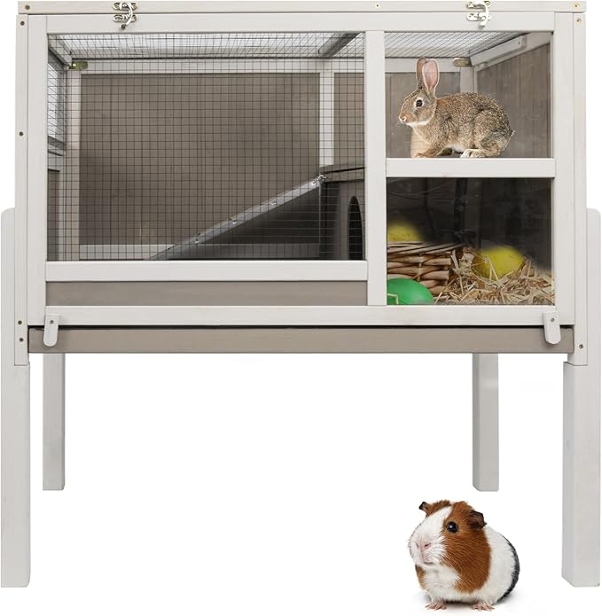 38" L Rabbit Hutch Bunny Cage,Fir Wood Rabbit Cage Indoor Outdoor with Pull Out Tray,Bunny Hutch with Ramp and Hideout,Guinea Pig Cages Rabbit Hutch Indoor with Detachable 4 Legs-PawvioPets
